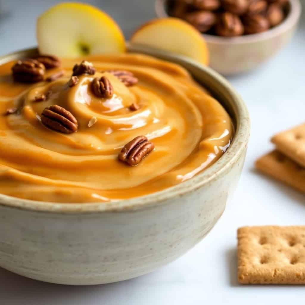 Pecan pie dip in white bowl garnished with pecans, served with crackers and apple slices.