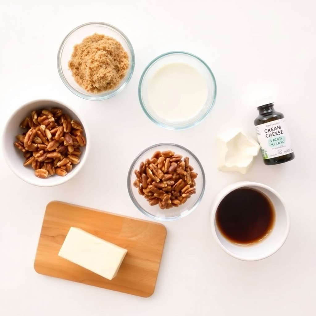 Pecan pie dip ingredients displayed including pecans, brown sugar, cream cheese, and dark liquid on white background.