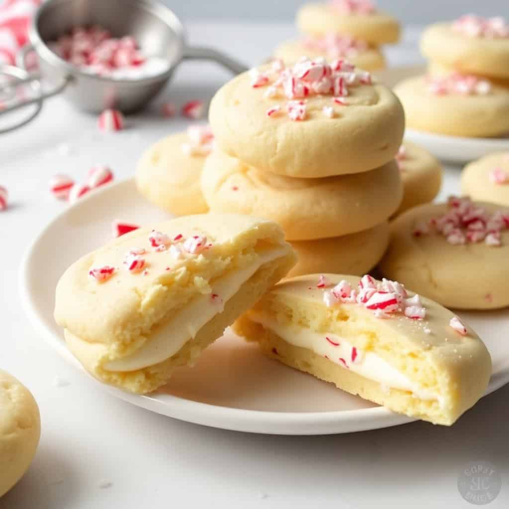 Peppermint cheesecake cookies with red and white candy cane pieces on white plate.