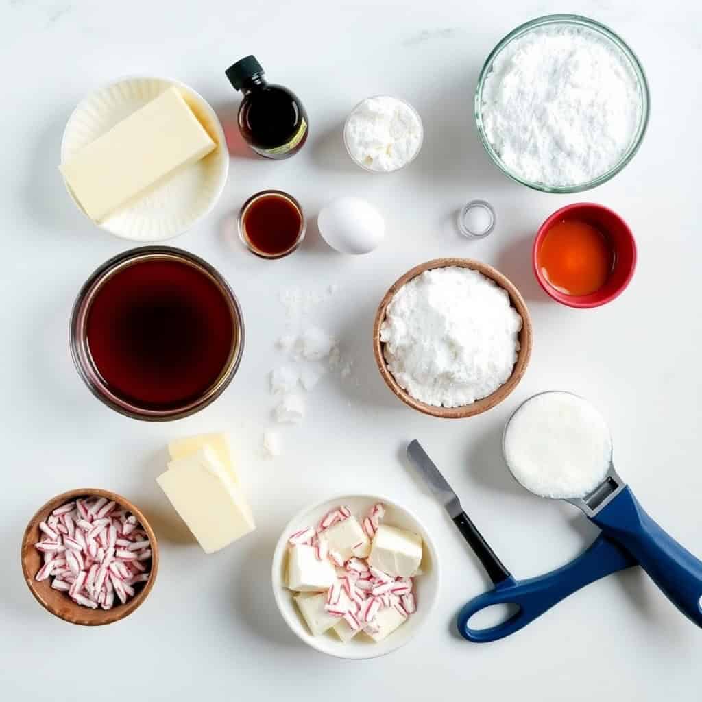 Ingredients for peppermint cheesecake cookies arranged on white surface including butter, powdered sugar, and crushed cand...