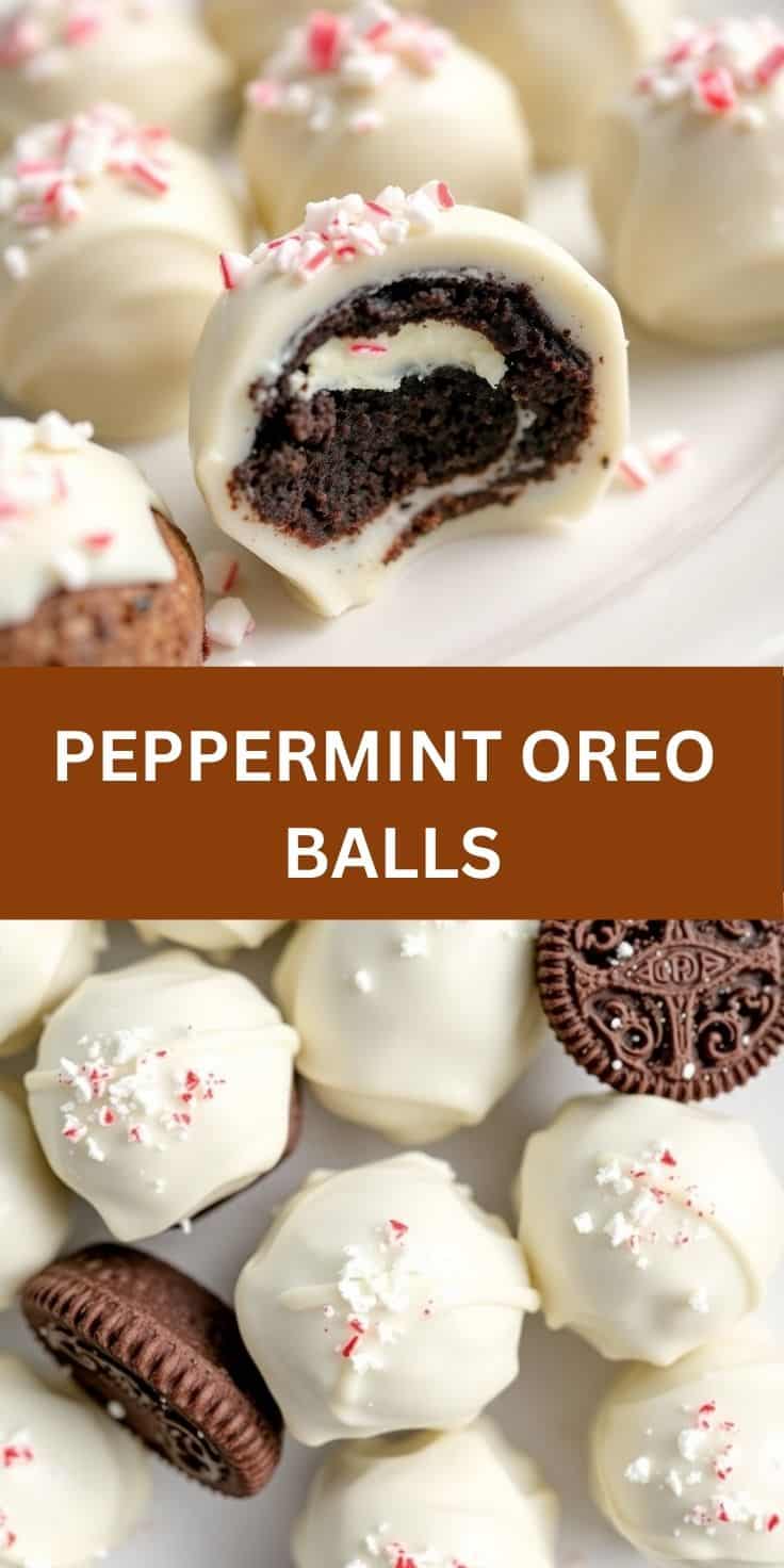 Peppermint Oreo balls with white chocolate coating and crushed candy cane garnish, one cut in half revealing dark chocolat...