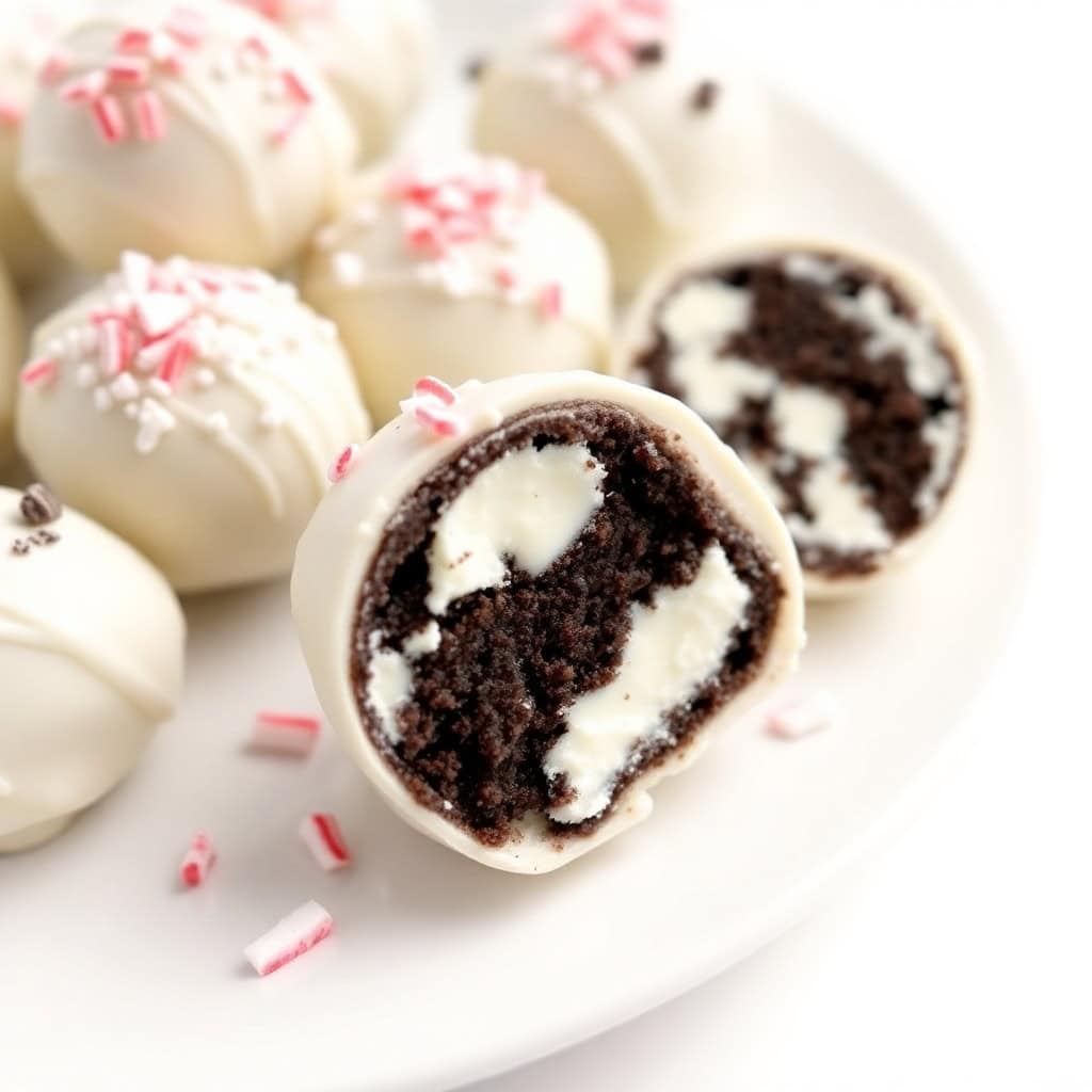 Peppermint Oreo balls with white chocolate coating and pink candy cane pieces, one cut in half revealing chocolate filling.