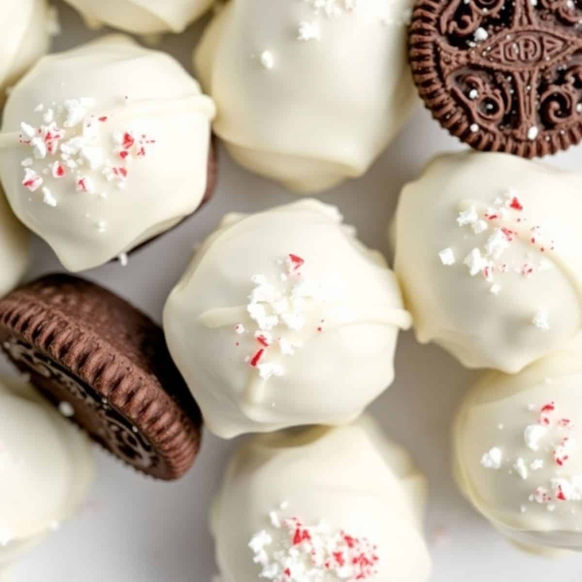 White chocolate-coated peppermint Oreo balls garnished with crushed candy canes and chocolate cookies.
