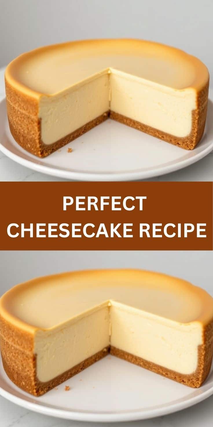 Classic cheesecake with graham cracker crust sliced on white plate, showing creamy filling and golden-brown edges.