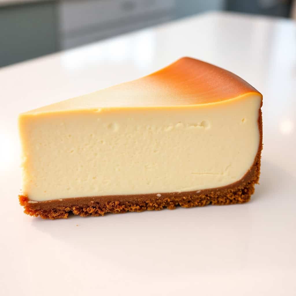 Slice of classic cheesecake with golden-brown crust and creamy filling on white plate.
