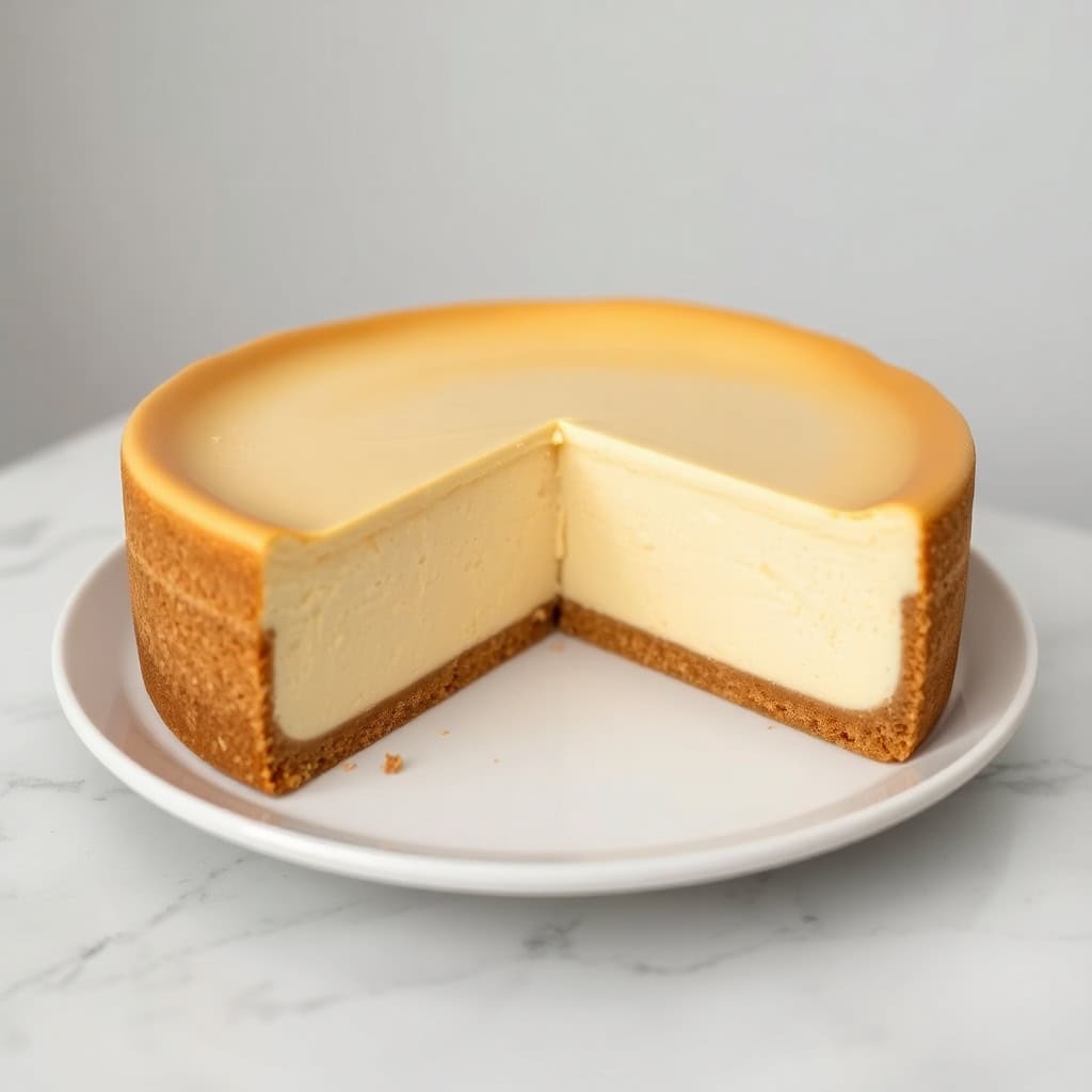 Classic cheesecake with graham cracker crust, creamy filling, and caramelized top on white plate.