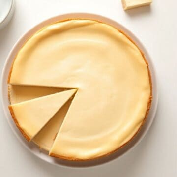 Classic cheesecake with two slices removed, displaying creamy filling and golden graham cracker crust on white plate.