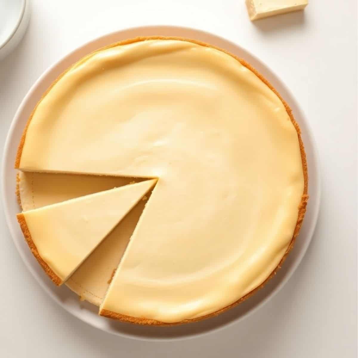 Classic cheesecake with two slices removed, displaying creamy filling and golden graham cracker crust on white plate.