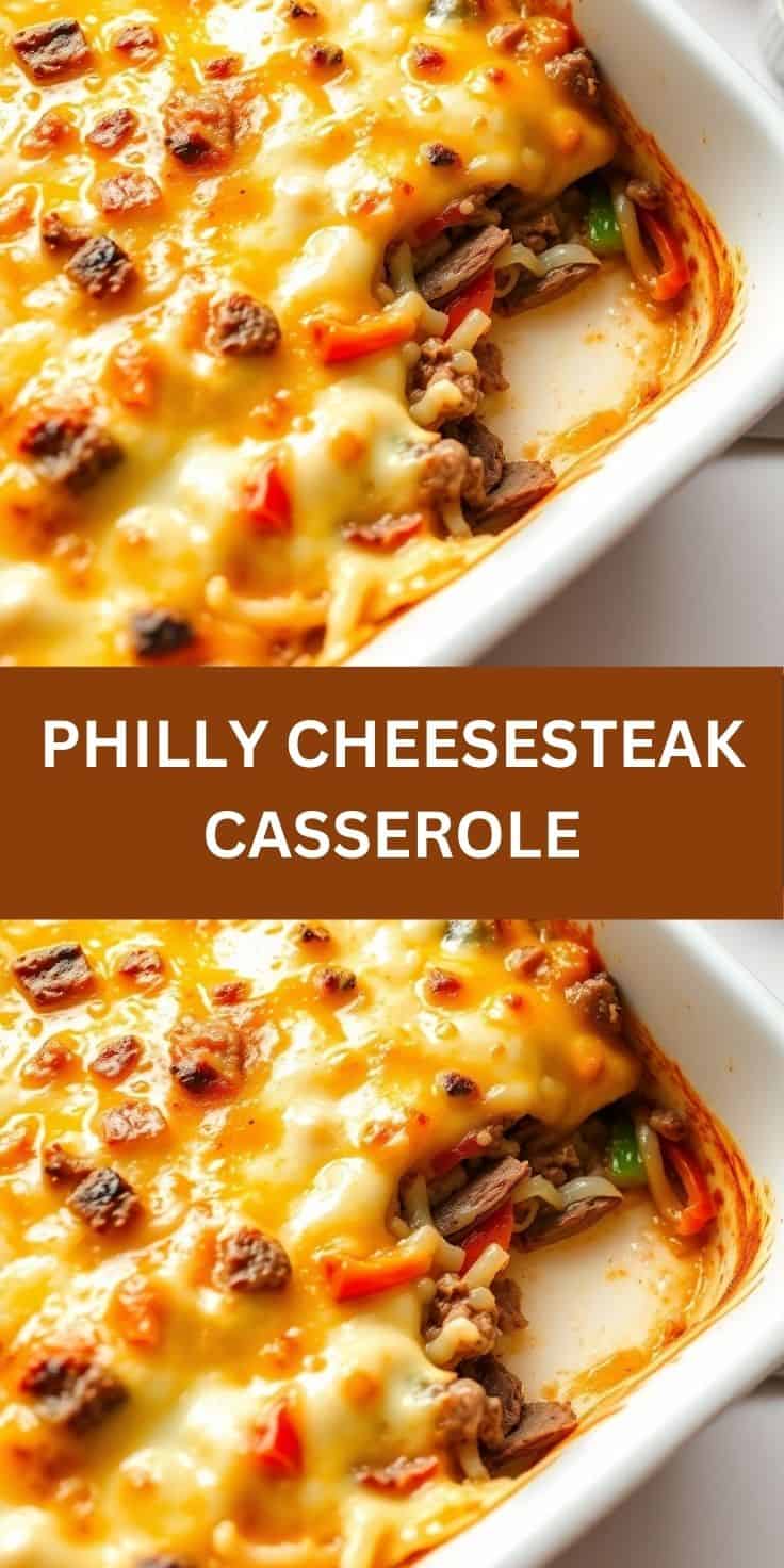 Philly cheesesteak casserole with melted cheese, ground beef, peppers, and onions in white baking dish.