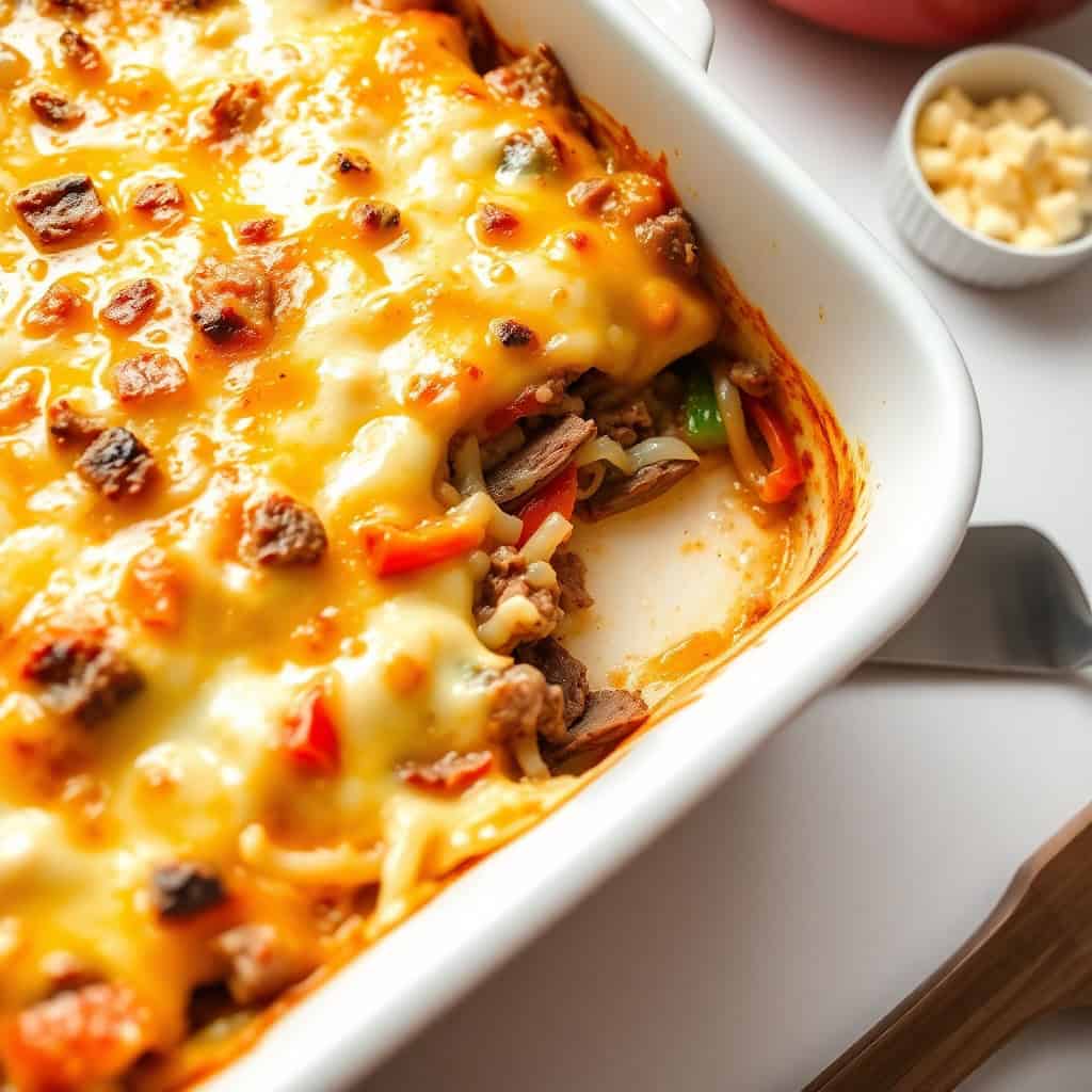 Philly cheesesteak casserole with melted cheese, beef, peppers in white baking dish.