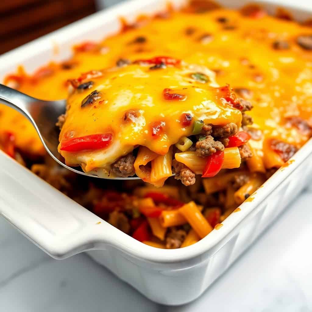 Philly cheesesteak casserole with melted cheddar cheese, ground beef, peppers in white baking dish.