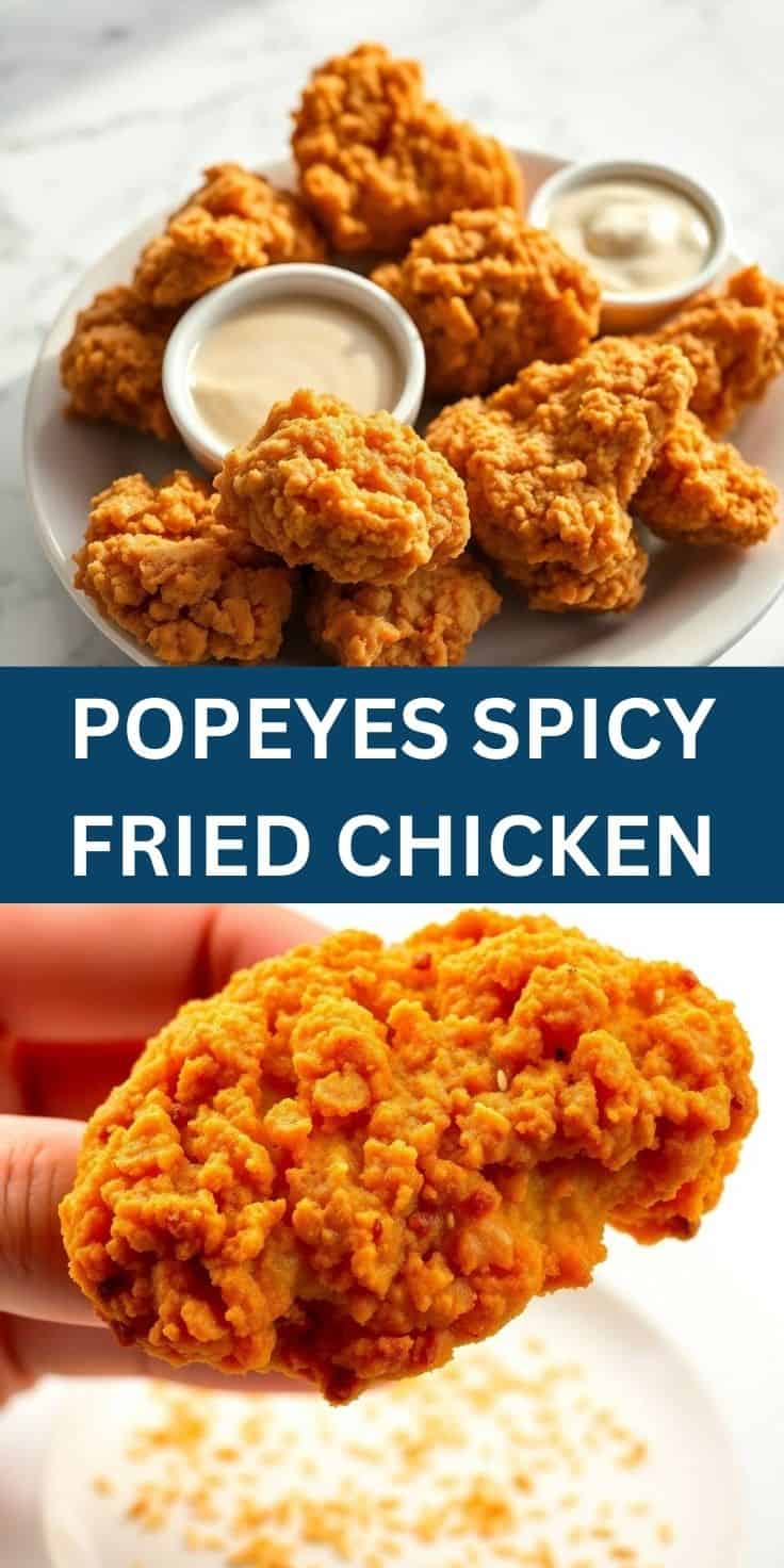 Popeyes spicy fried chicken pieces with crispy golden coating and dipping sauce on white plate.