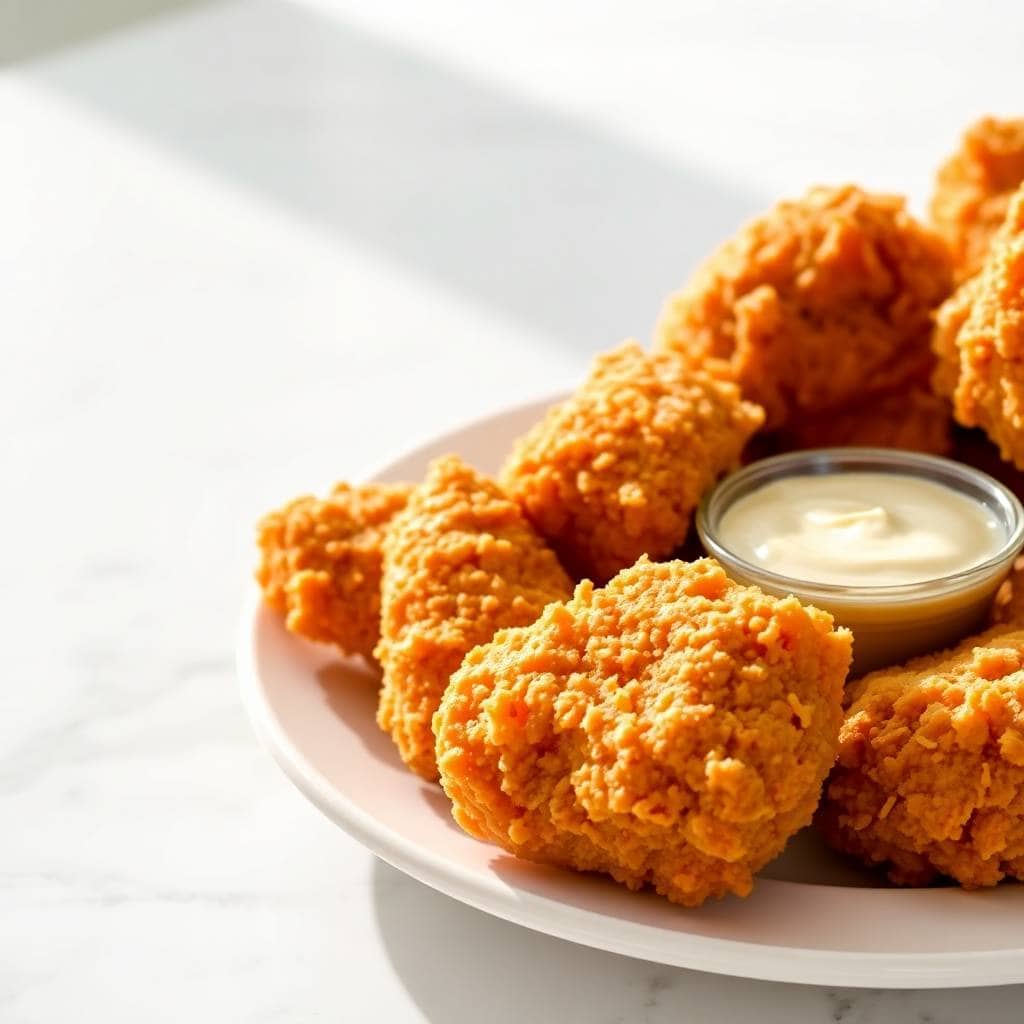 Crispy golden fried chicken pieces on white plate with creamy dipping sauce.