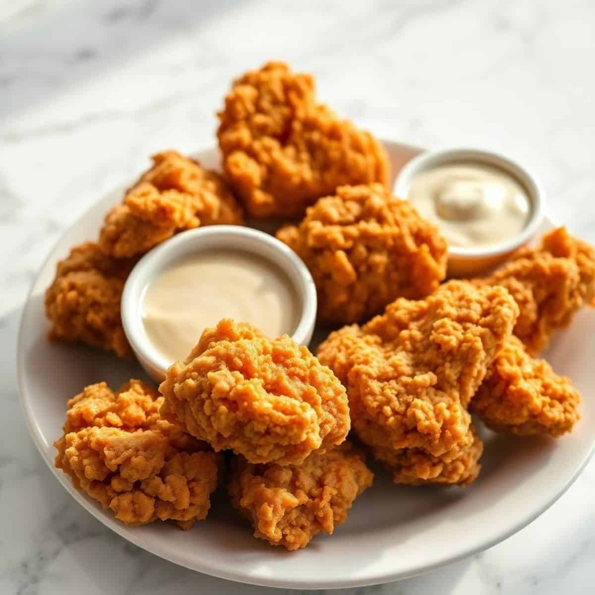 Crispy golden fried chicken pieces served on white plate with two dipping sauce cups.