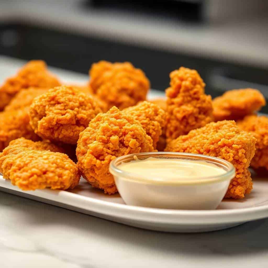 Crispy golden fried chicken pieces served on white plate with creamy dipping sauce.