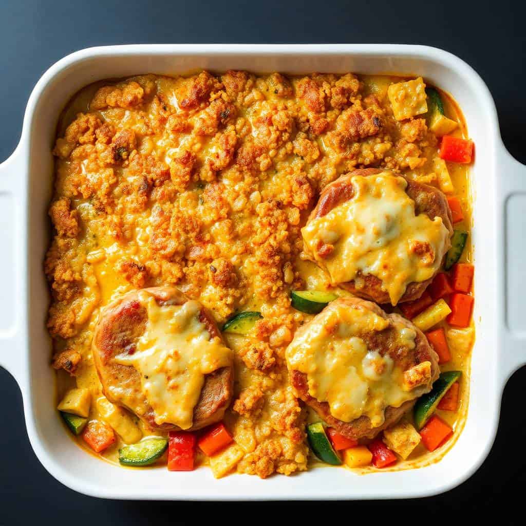 Baked pork chop casserole with melted cheese, ground meat, and diced vegetables in white dish.