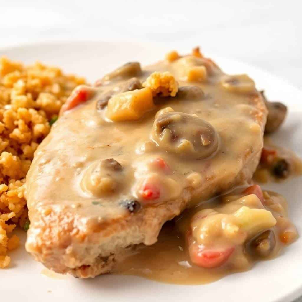 Seared pork chop with mushroom and caper sauce, served with rice pilaf on white plate.