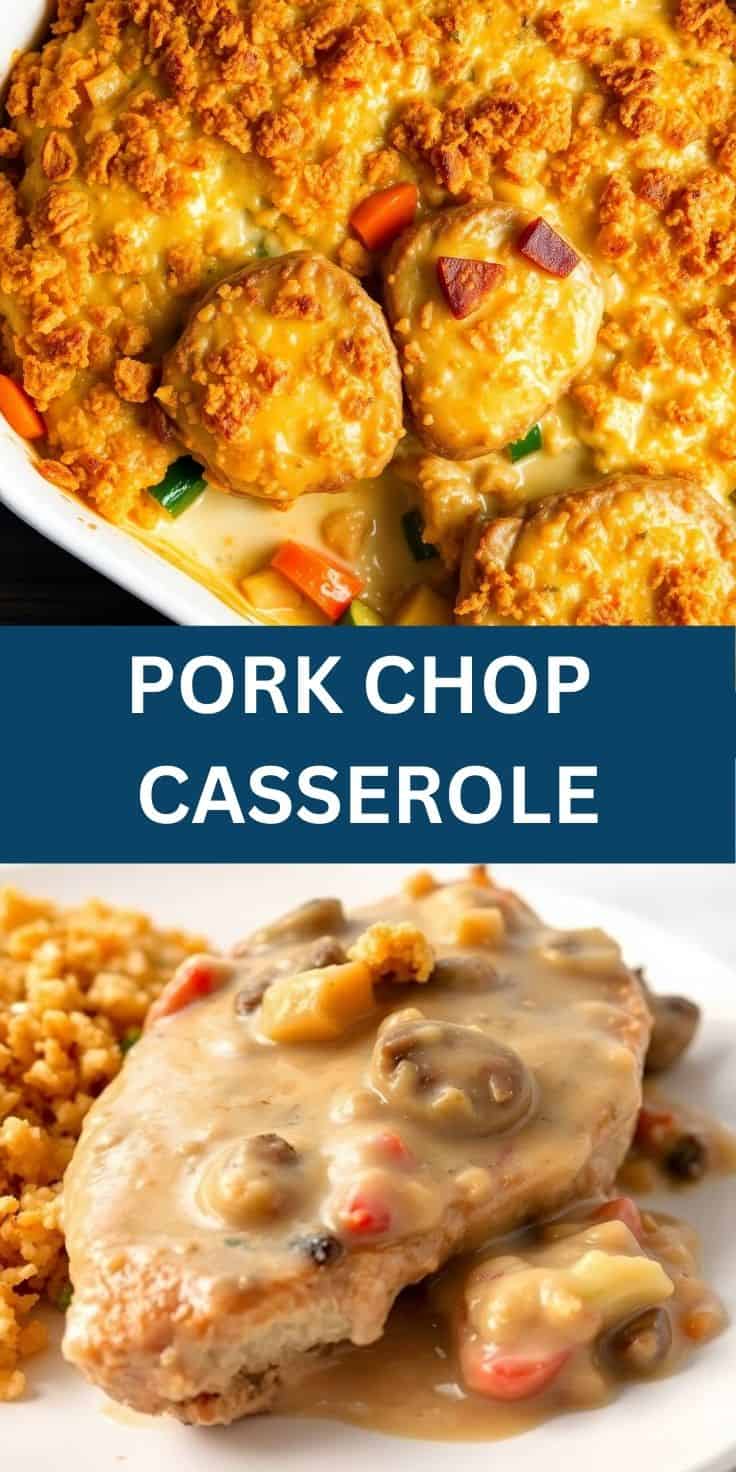 Pork chop casserole with golden breadcrumb topping, vegetables, and creamy sauce in white dish.