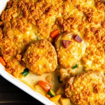 Golden-brown pork chop casserole with crispy topping, diced vegetables, served on white plate.