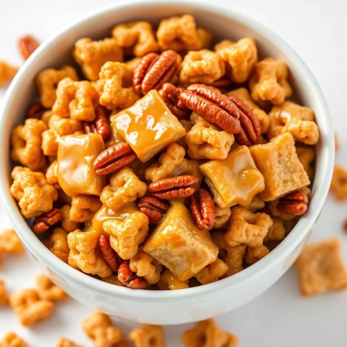 Praline crunch snack mix with caramel-coated cereal, pecans, and toffee bits in white bowl.