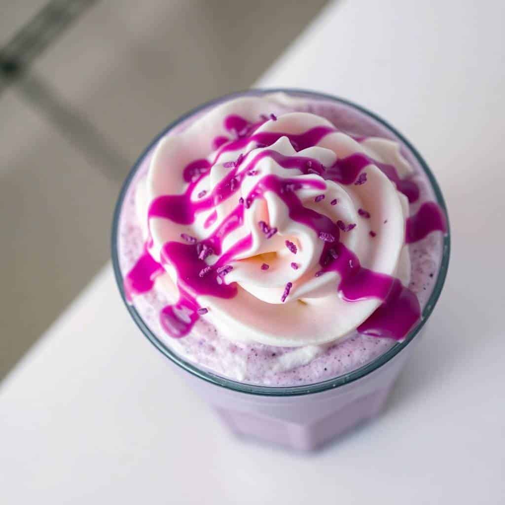 Purple Halloween Frappuccino with whipped cream, magenta drizzle, and sprinkles in clear glass cup.