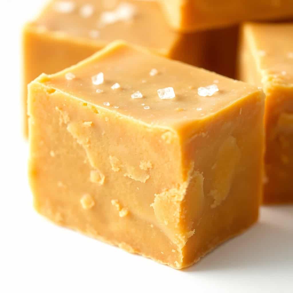 Salted butterscotch fudge squares with sea salt crystals on top, golden-brown color.