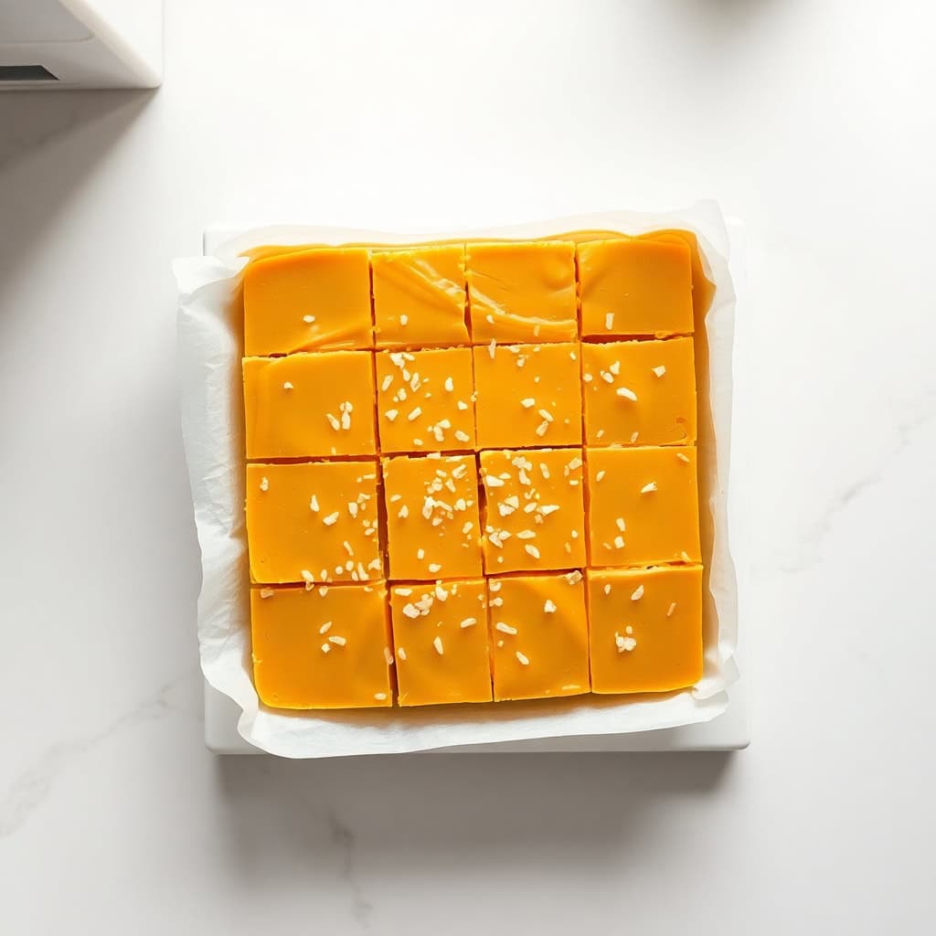 Salted butterscotch fudge cut into sixteen squares, topped with sea salt flakes, on parchment paper.