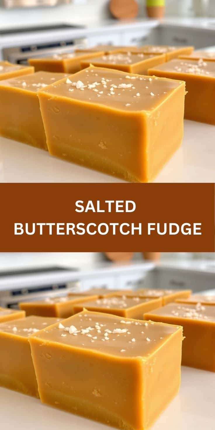 Golden butterscotch fudge squares topped with sea salt crystals on white surface.
