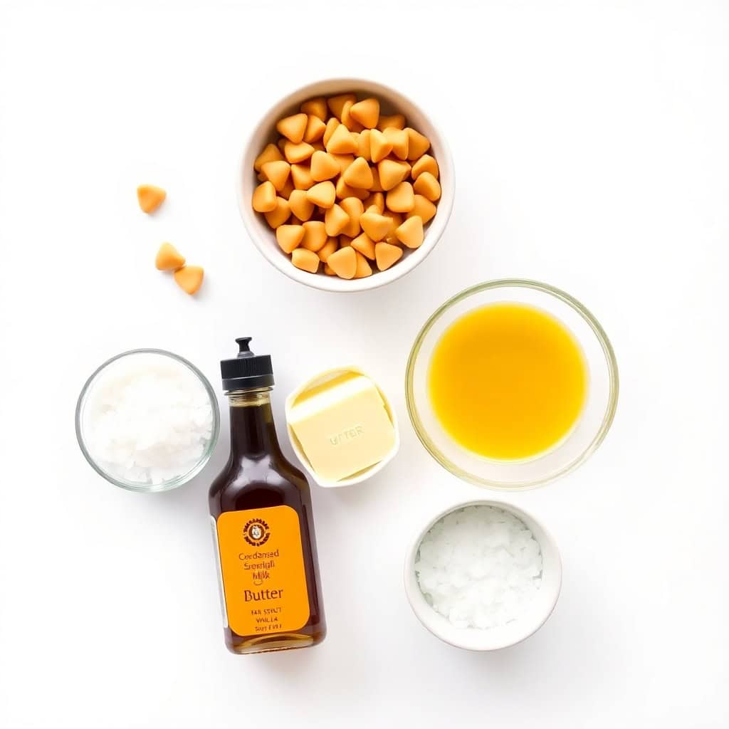 Salted butterscotch fudge ingredients arranged overhead: corn kernels, butter, oil, sugar, and salt in white bowls.