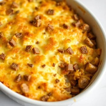Sausage, egg, and cream cheese hashbrown casserole in white baking dish with golden top.