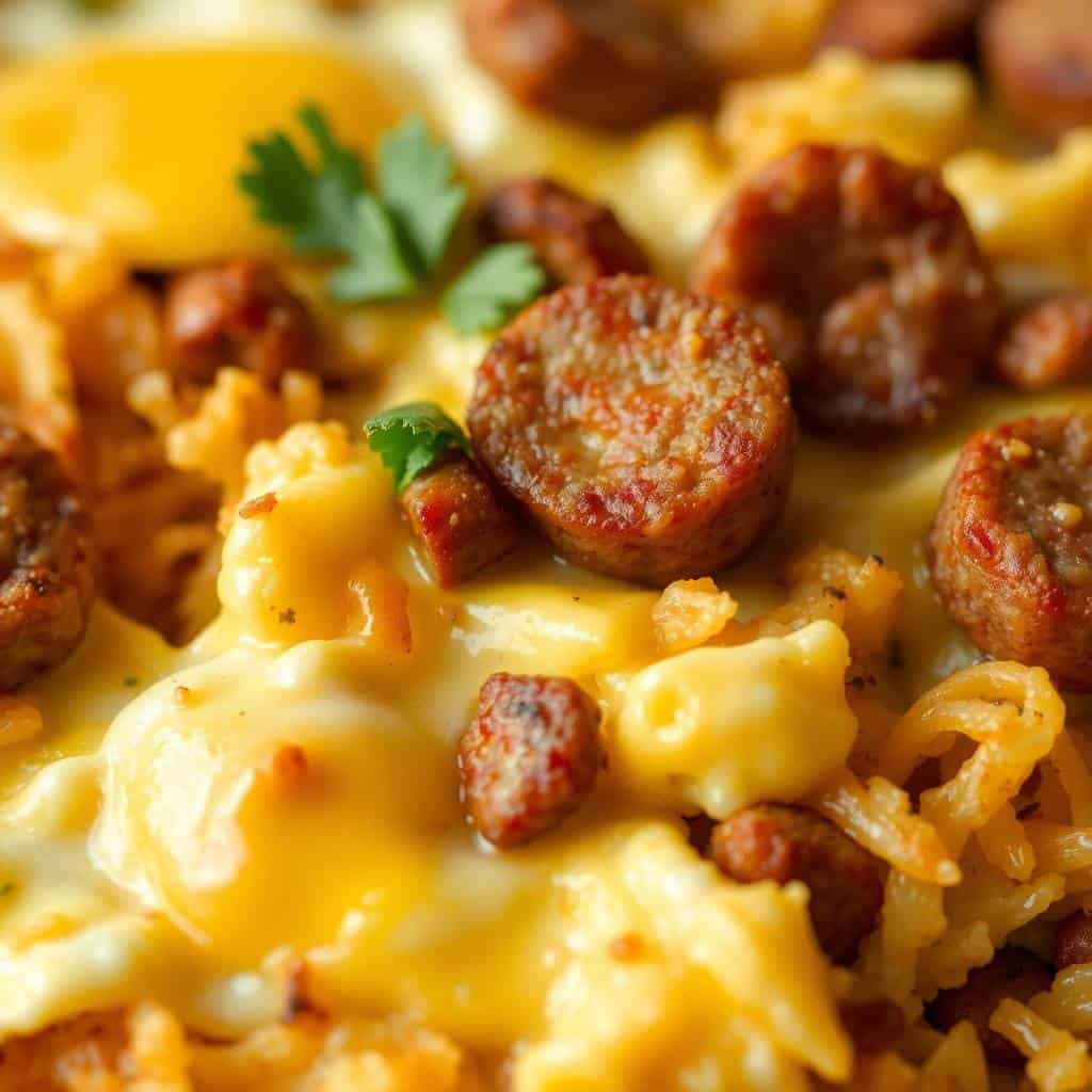 Sausage, egg, and cream cheese hashbrown casserole with melted cheese and fresh parsley garnish.