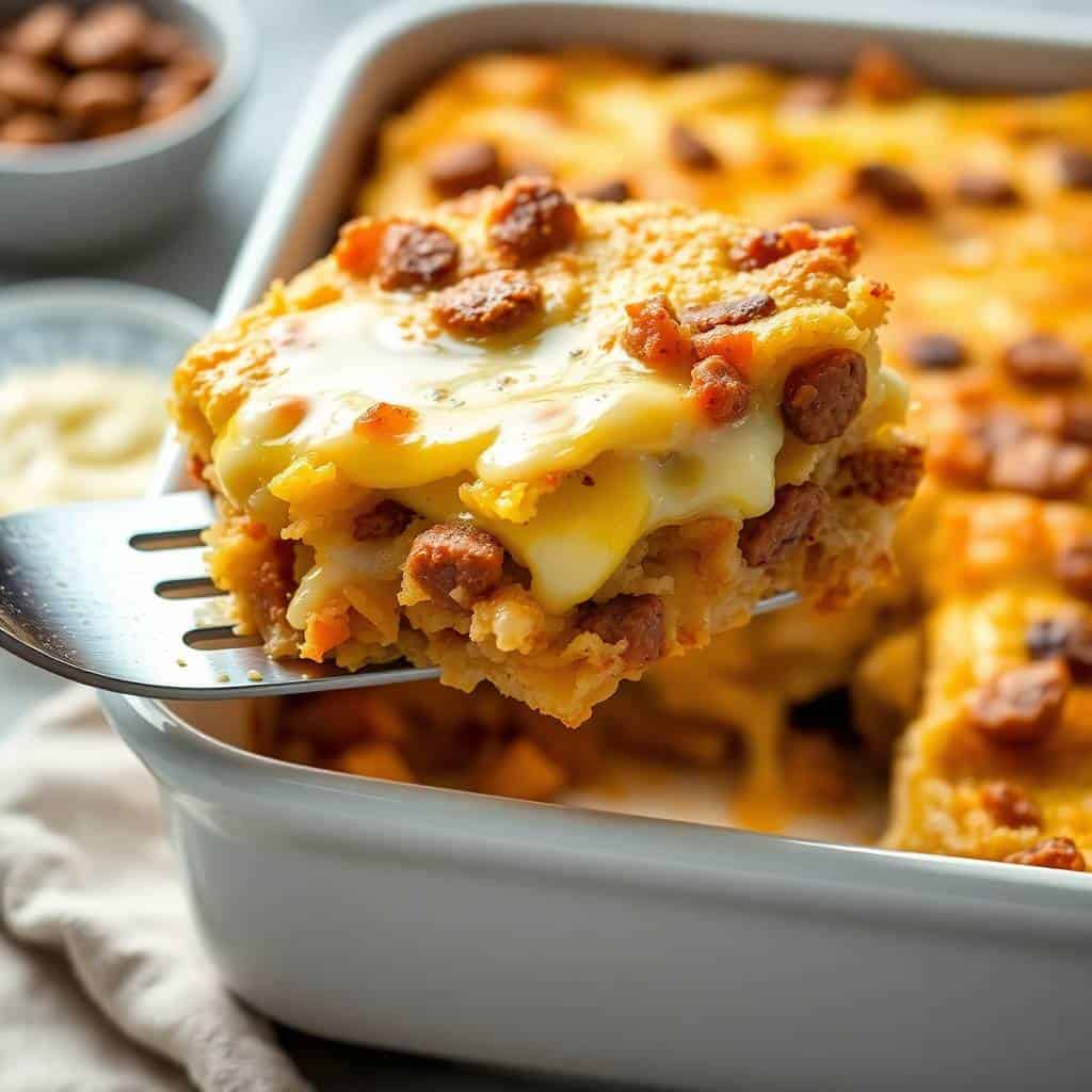 Golden sausage, egg, and cream cheese hashbrown casserole with melted cheese on top, served in white baking dish.