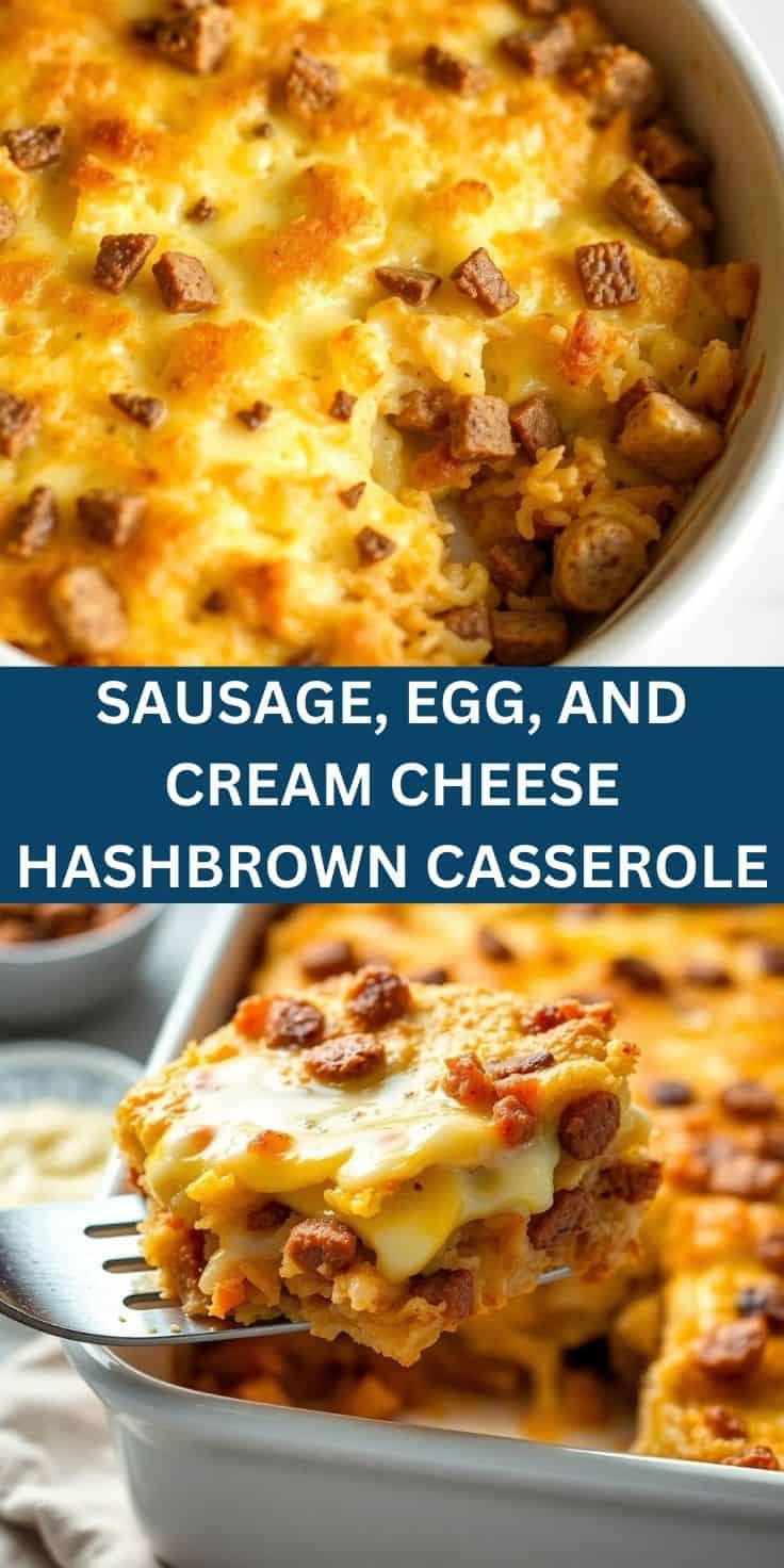 Golden-baked sausage, egg, and cream cheese hashbrown casserole with melted cheese topping in white dish.