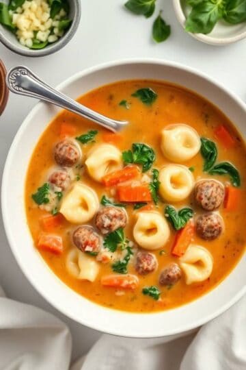 Creamy sausage tortellini soup with pasta, meatballs, red peppers, and basil garnish in white bowl.