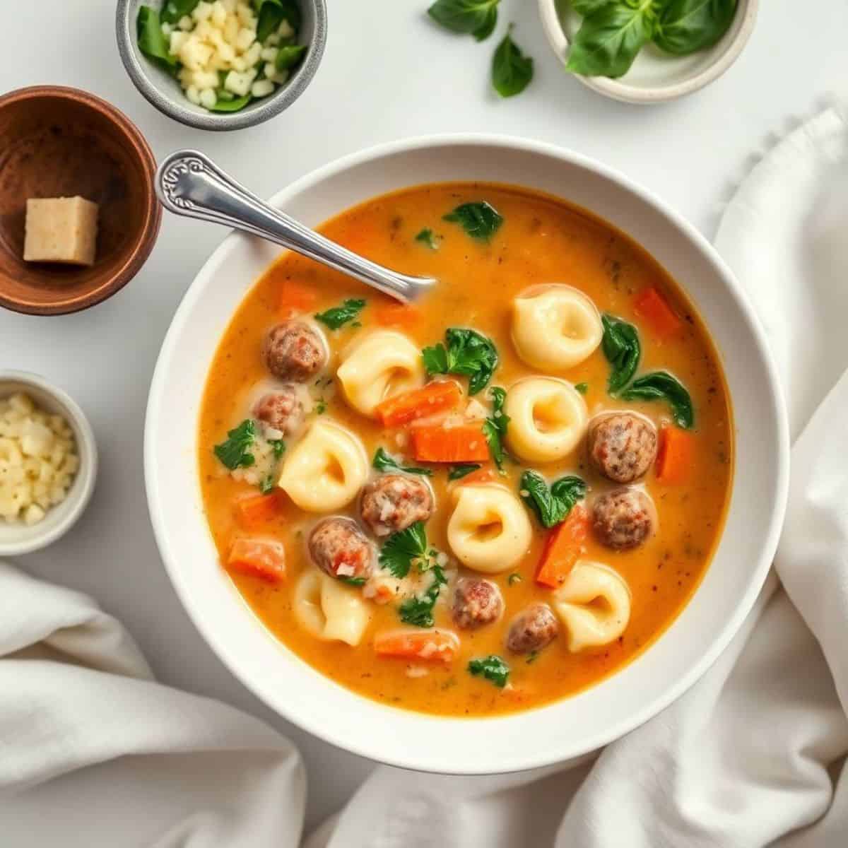 Creamy sausage tortellini soup with pasta, meatballs, red peppers, and basil garnish in white bowl.