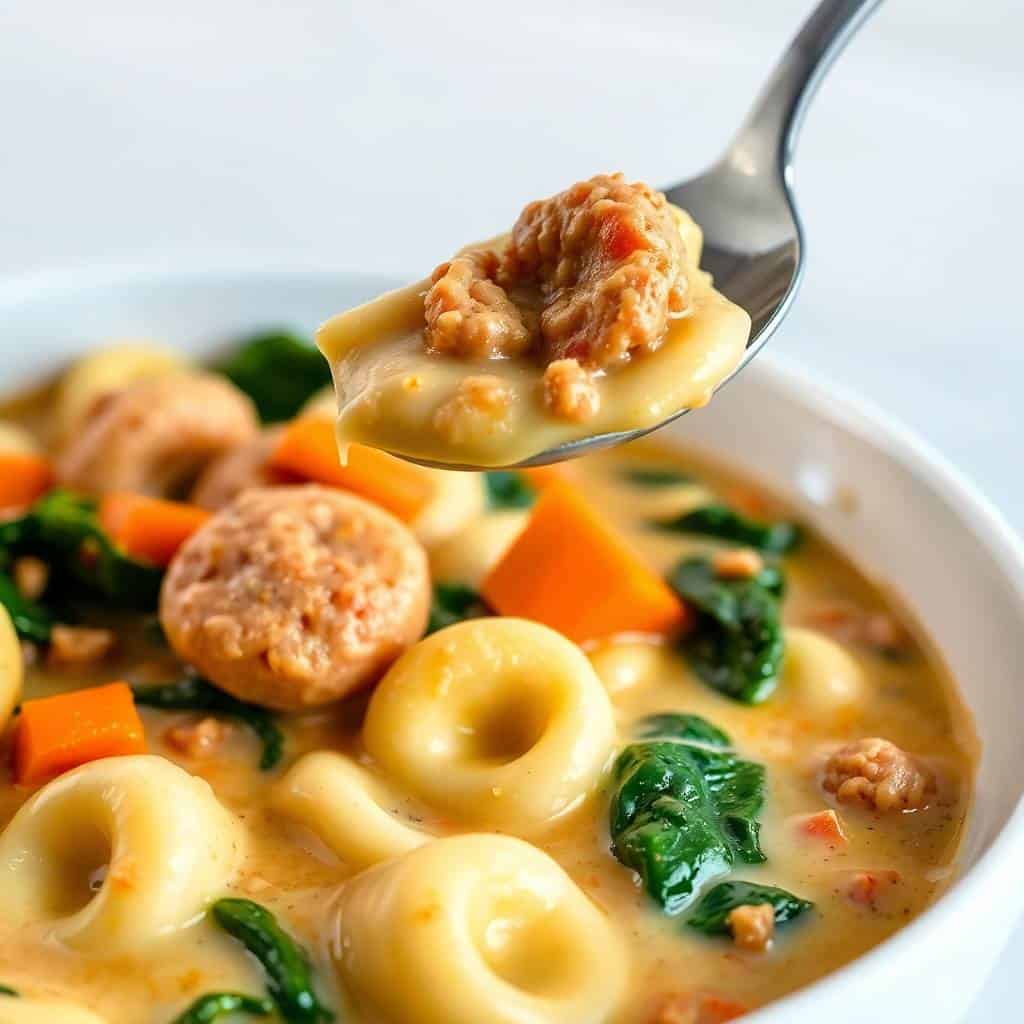 Creamy sausage tortellini soup with pasta rings, ground sausage, diced carrots, spinach, served in white bowl with spoon.