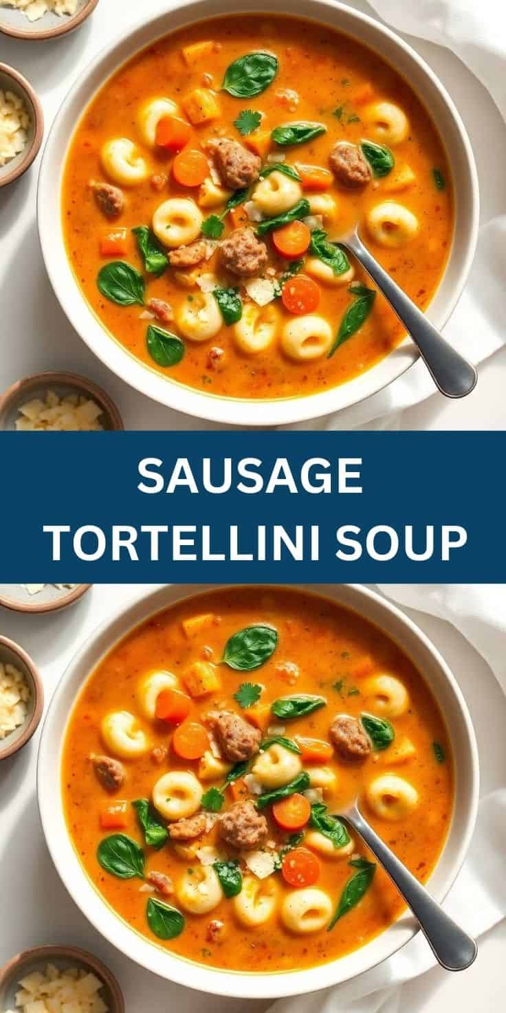 Creamy sausage tortellini soup with pasta, meatballs, carrots, and fresh basil in white bowls.