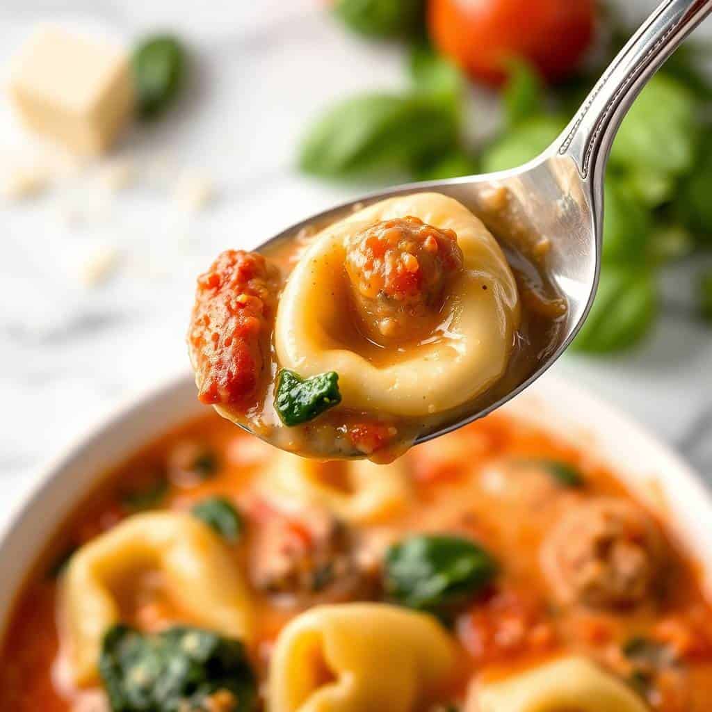 Spoonful of creamy sausage tortellini soup with red broth, garnished with basil, held above bowl.