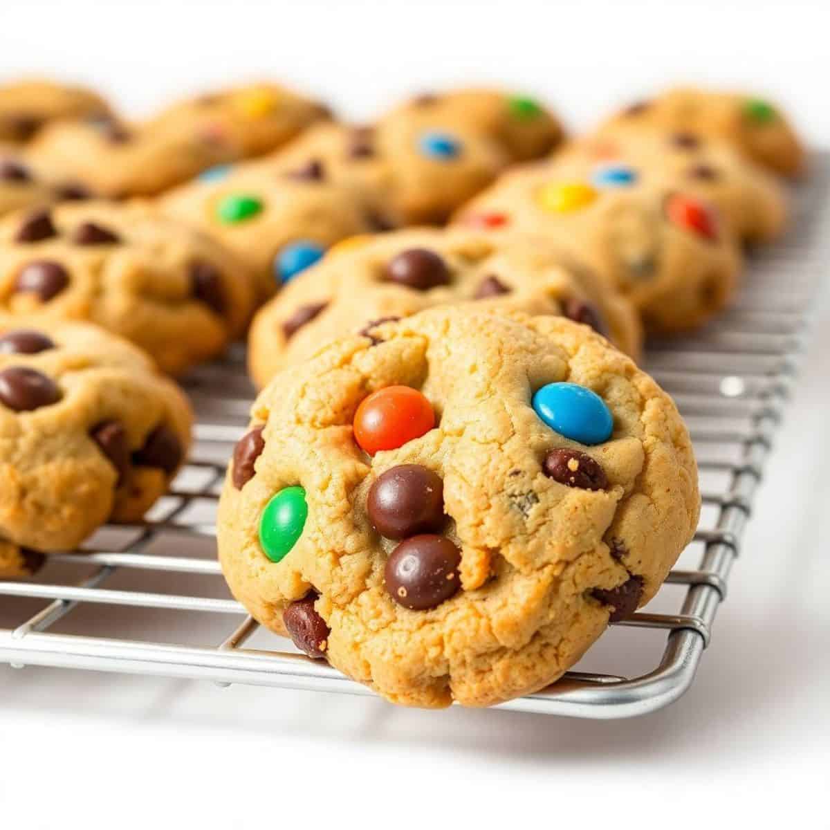 Soft and chewy M&M chocolate chip cookies arranged on a cooling rack with colorful candies.