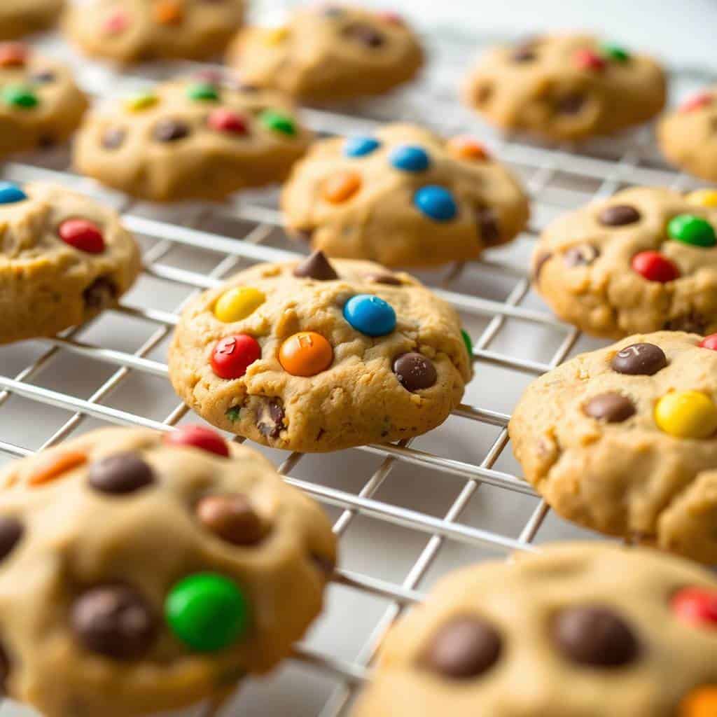 Soft M&M chocolate chip cookies cooling on wire rack with colorful candies and chocolate chips.