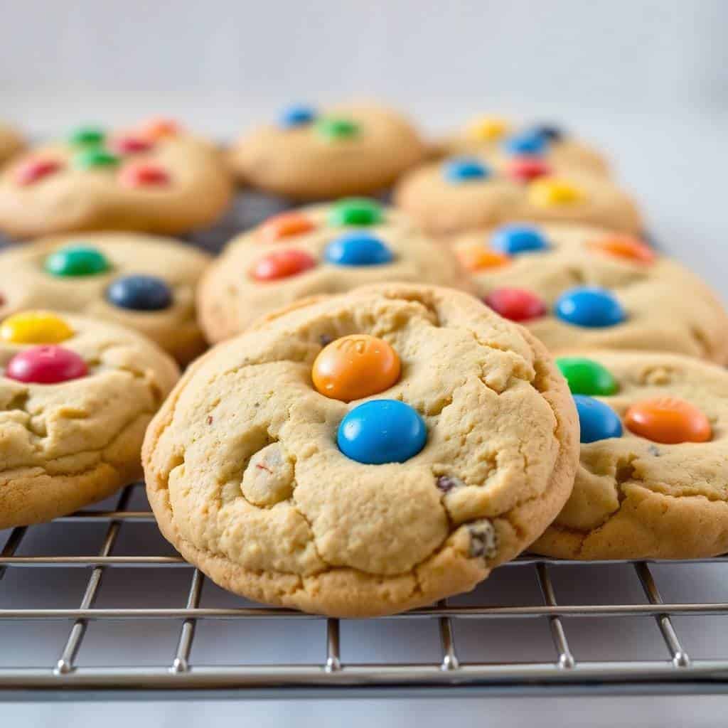Soft and chewy M&M chocolate chip cookies cooling on a wire rack with colorful candies.