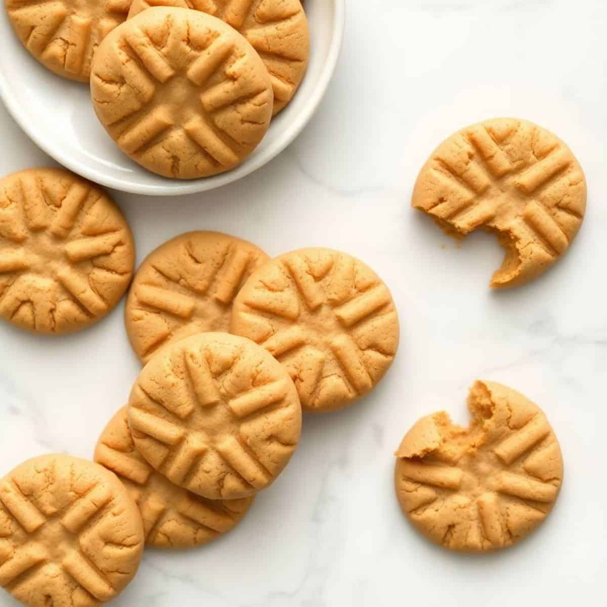 Soft peanut butter cookies with crosshatch pattern on white marble surface and plate.