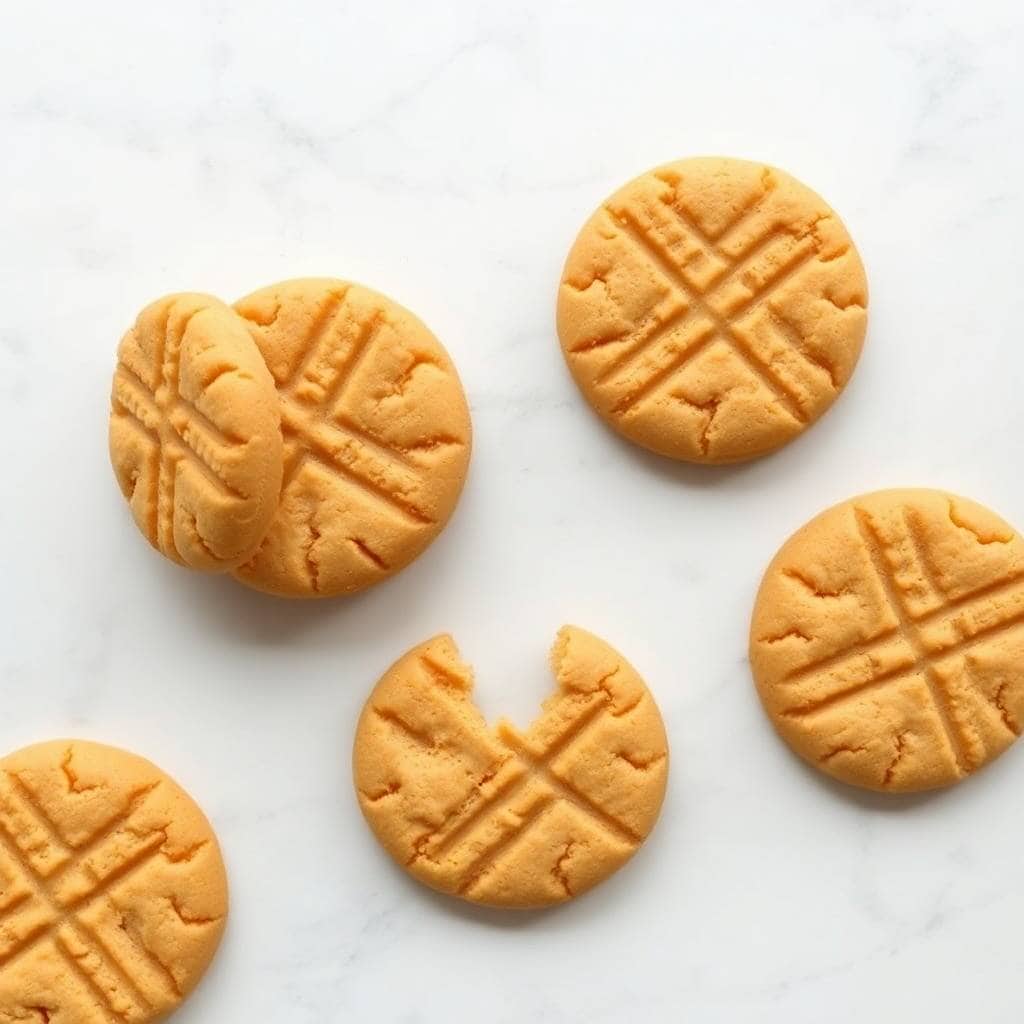 Soft peanut butter cookies with crosshatch pattern on white marble surface.