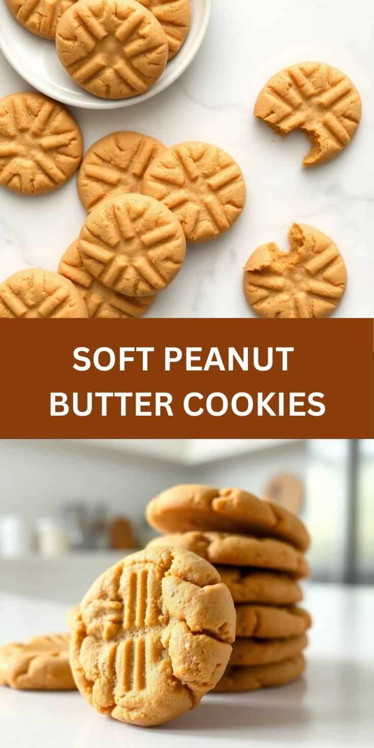 Soft peanut butter cookies with crosshatch pattern displayed on white plate and stacked on marble surface.