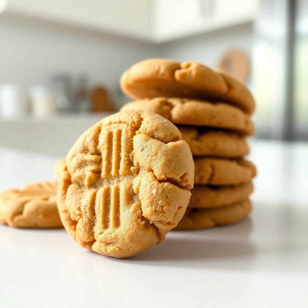 Soft peanut butter cookies with fork imprints stacked on white surface in kitchen.
