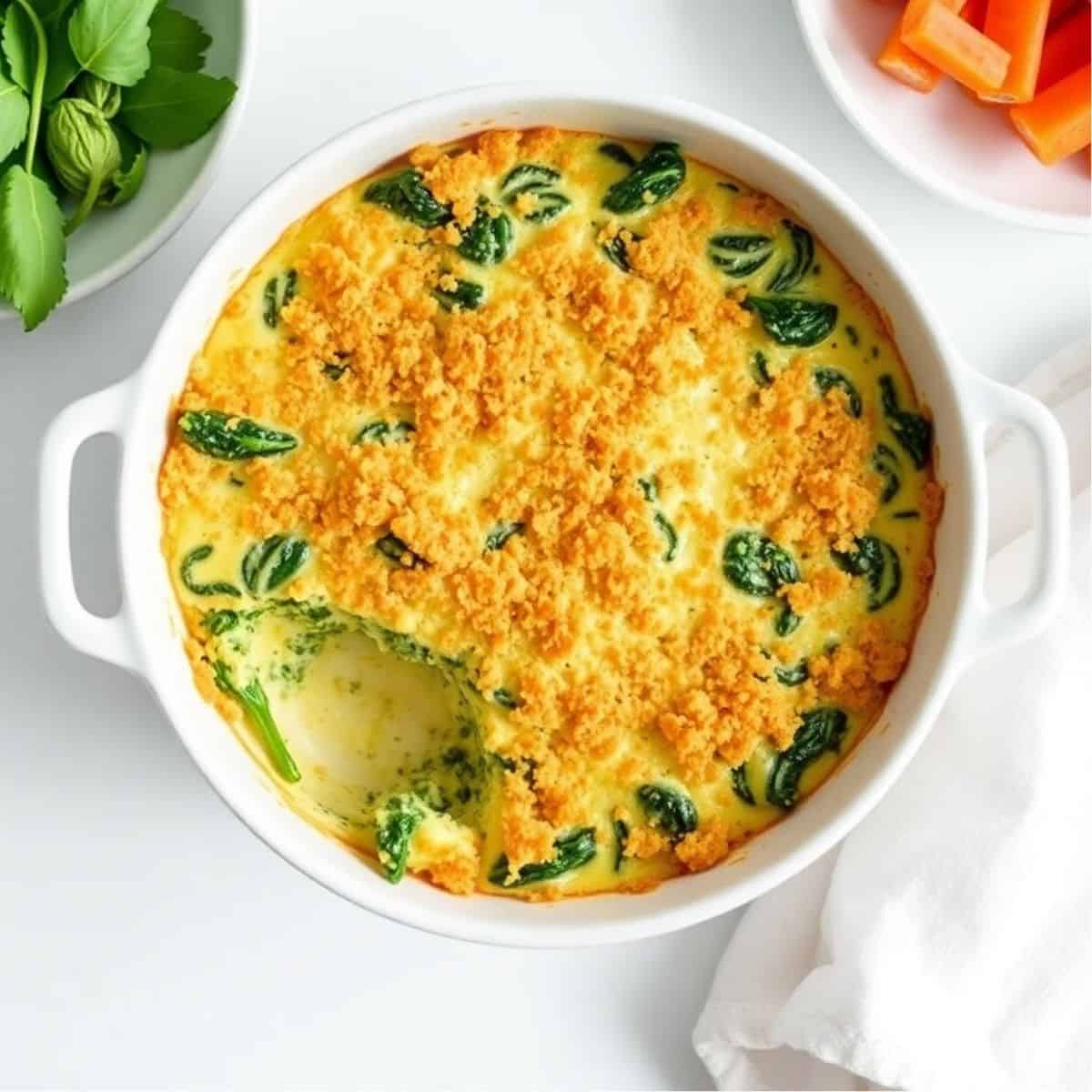 Golden-baked spinach and cheese casserole in white dish, garnished with fresh herbs.