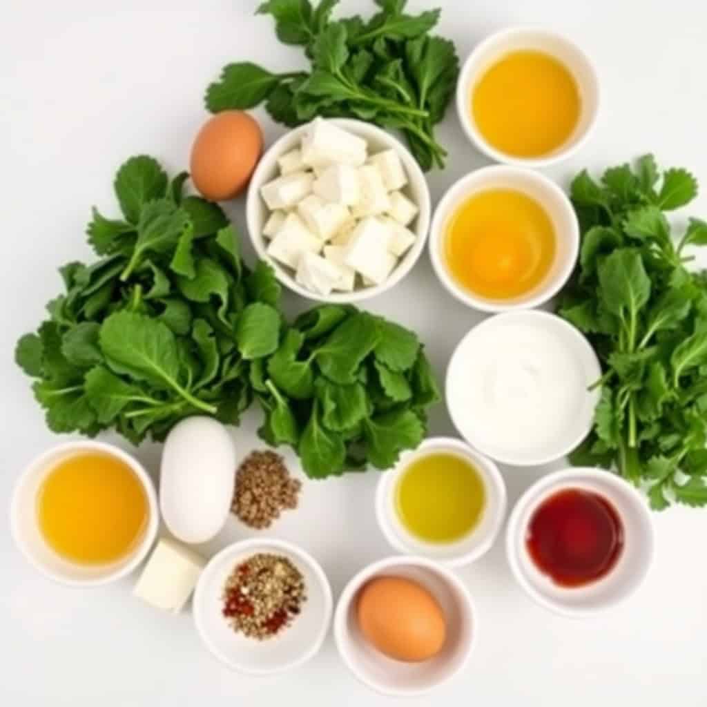 Ingredients for spinach and cheese casserole arranged on white background: fresh spinach, eggs, cheese, oils, and seasonings.