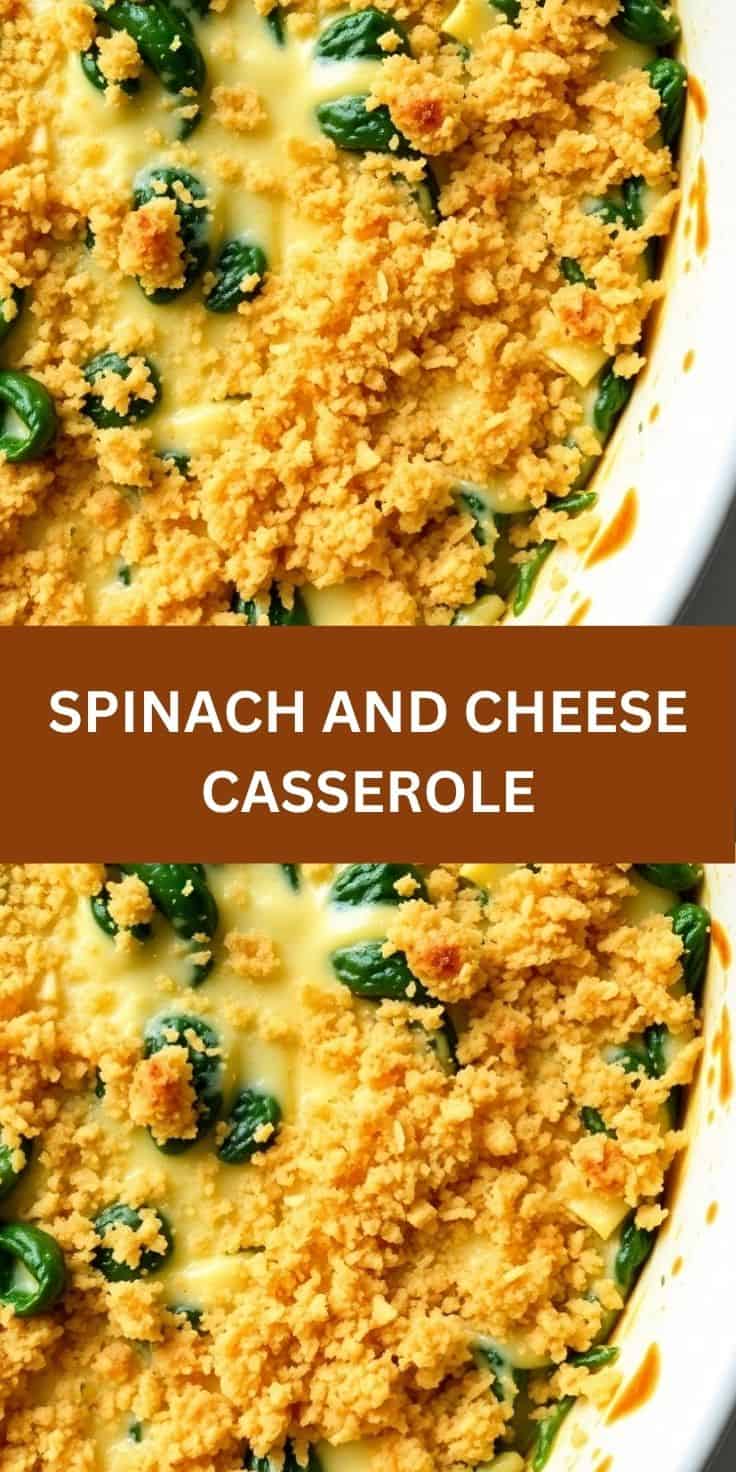 Spinach and cheese casserole with golden breadcrumb topping and melted cheese in baking dish.