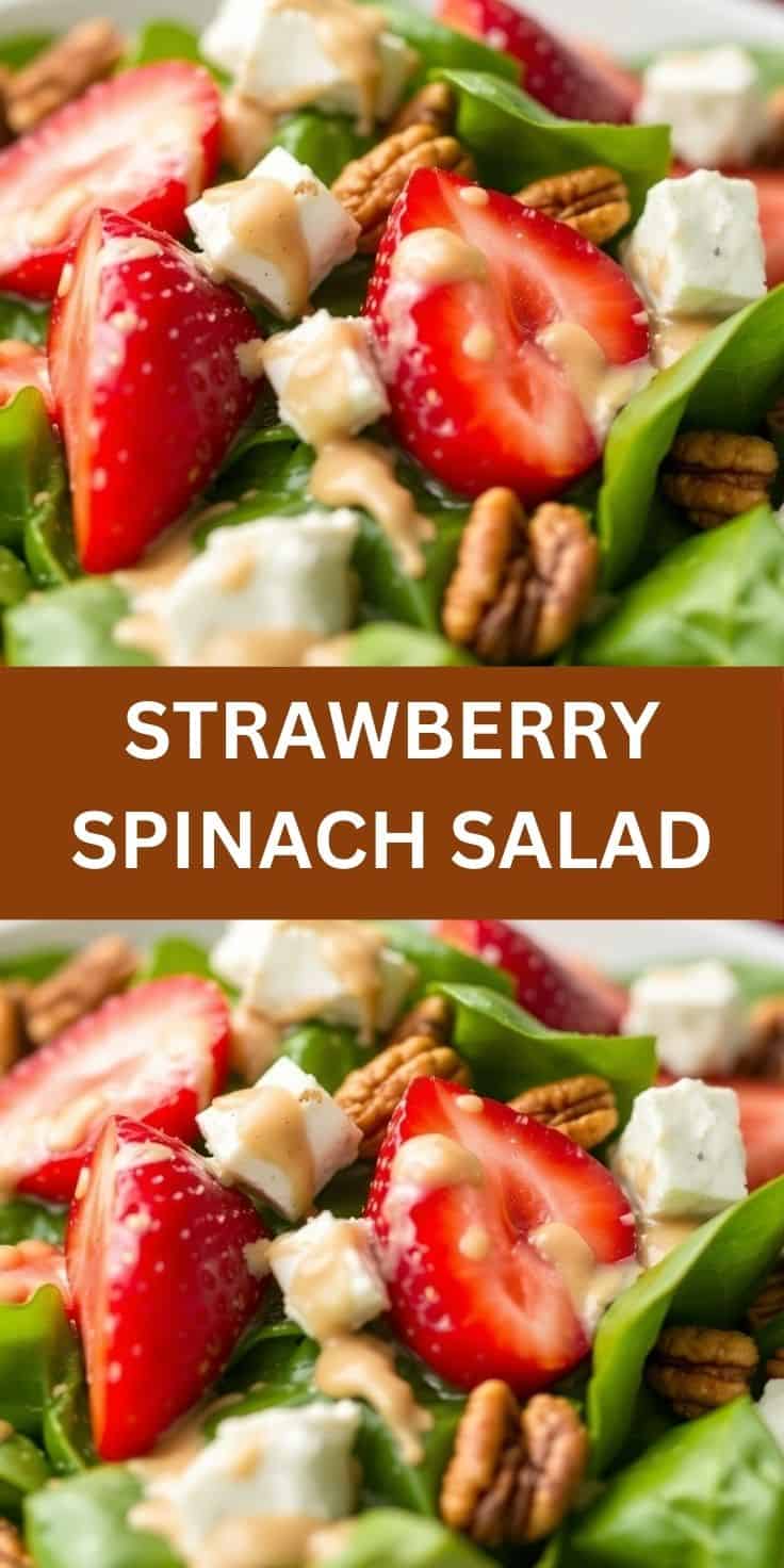 Strawberry spinach salad with fresh berries, goat cheese cubes, and pecans on green leaves.