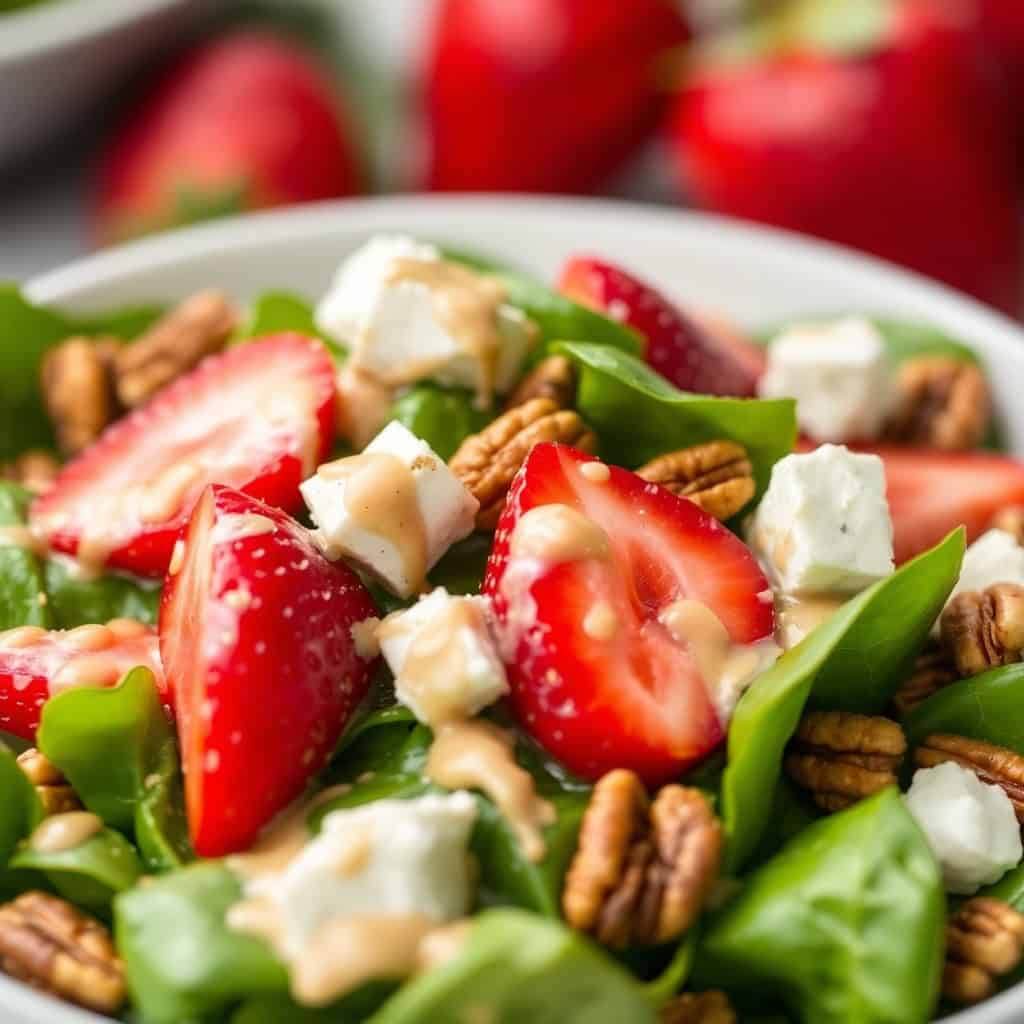 Strawberry spinach salad with fresh berries, pecans, white cheese crumbles, and green spinach leaves on white plate.
